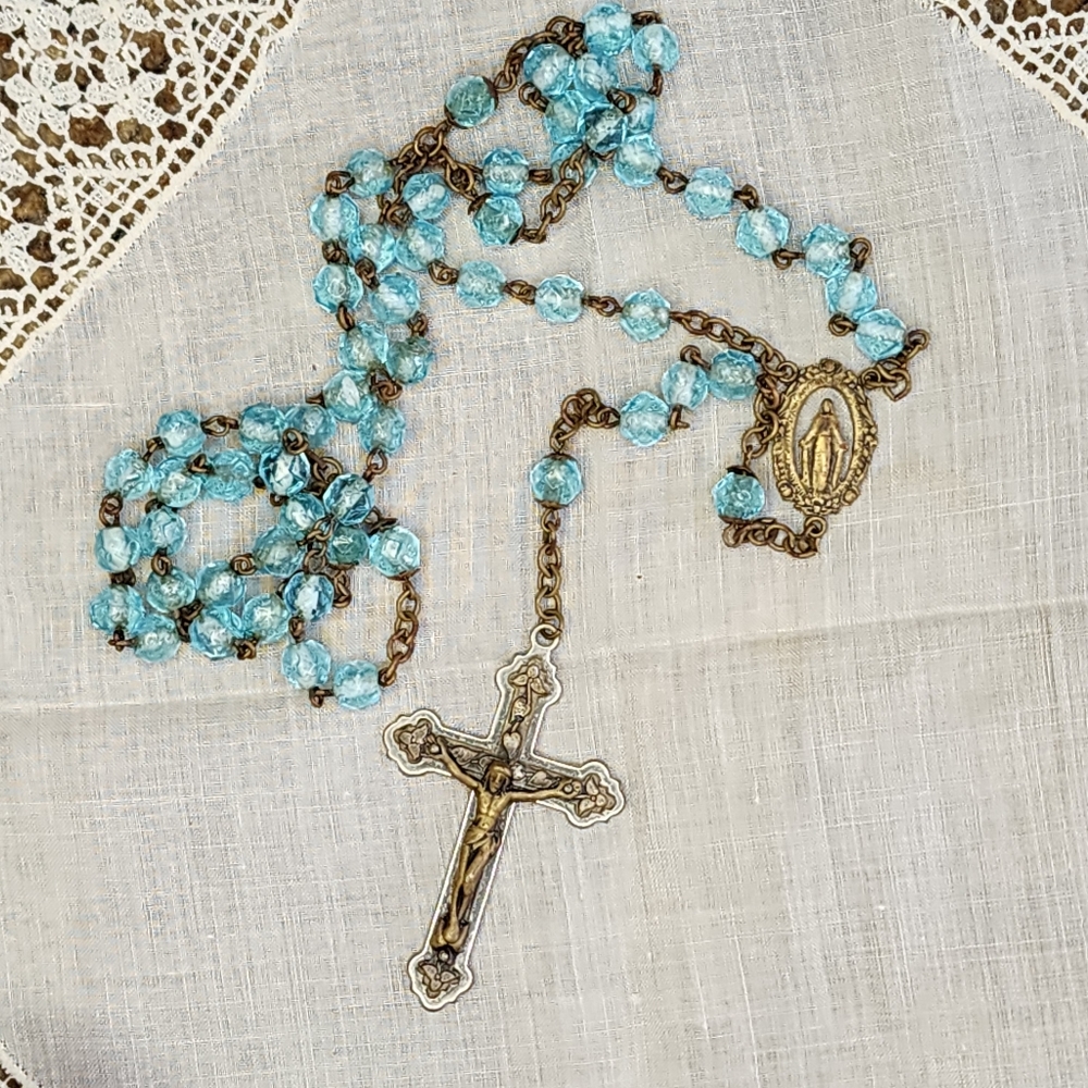 Vintage Aqua Blue Round Faceted Glass Beaded Rosary